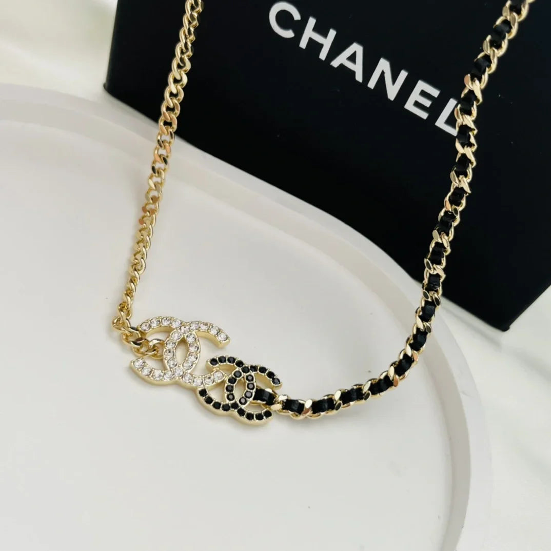 Chanel Double Logo Black Leather Necklace